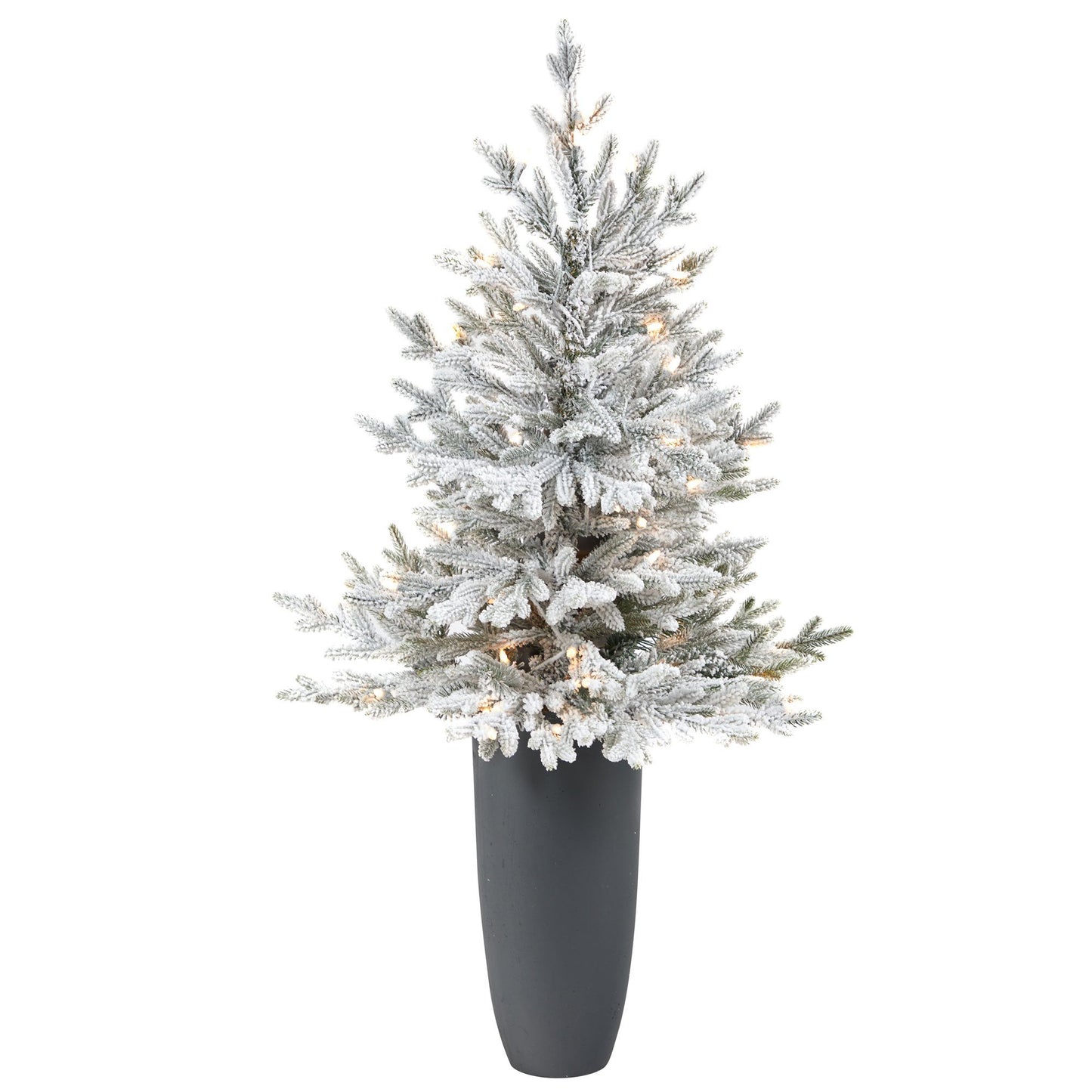 Árbol de Navidad artificial de abeto de Fraser flocado de 4 pies con 200 luces blancas cálidas y 481 ramas flexibles en maceta gris