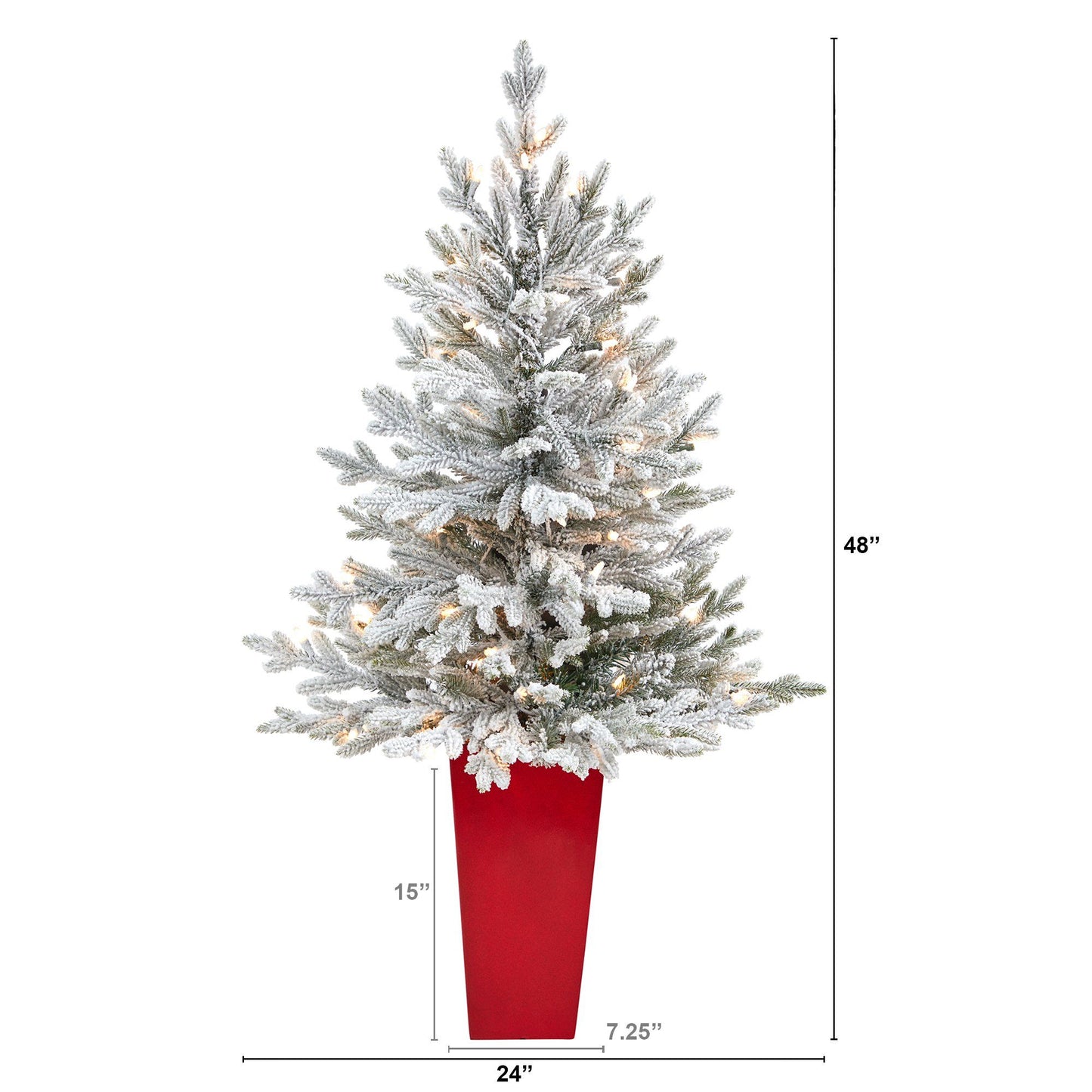 Árbol de Navidad artificial de abeto de Fraser flocado de 4 pies con 200 luces blancas cálidas y 481 ramas flexibles en maceta roja