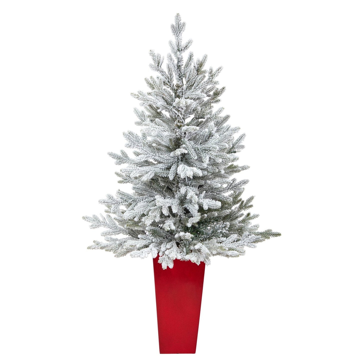 Árbol de Navidad artificial de abeto de Fraser flocado de 4 pies con 200 luces blancas cálidas y 481 ramas flexibles en maceta roja