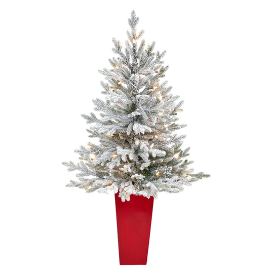 Árbol de Navidad artificial de abeto de Fraser flocado de 4 pies con 200 luces blancas cálidas y 481 ramas flexibles en maceta roja