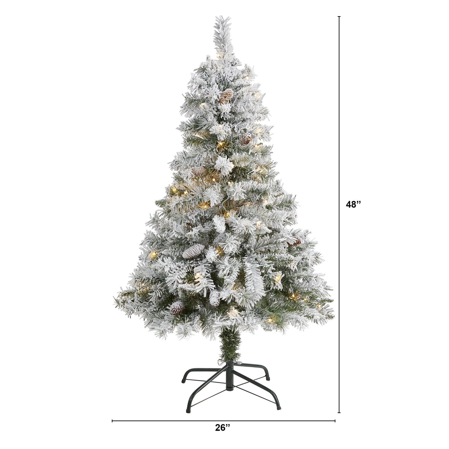 Árbol de Navidad artificial de pino blanco de montaña flocado de 4 pies con piñas y 100 luces LED transparentes