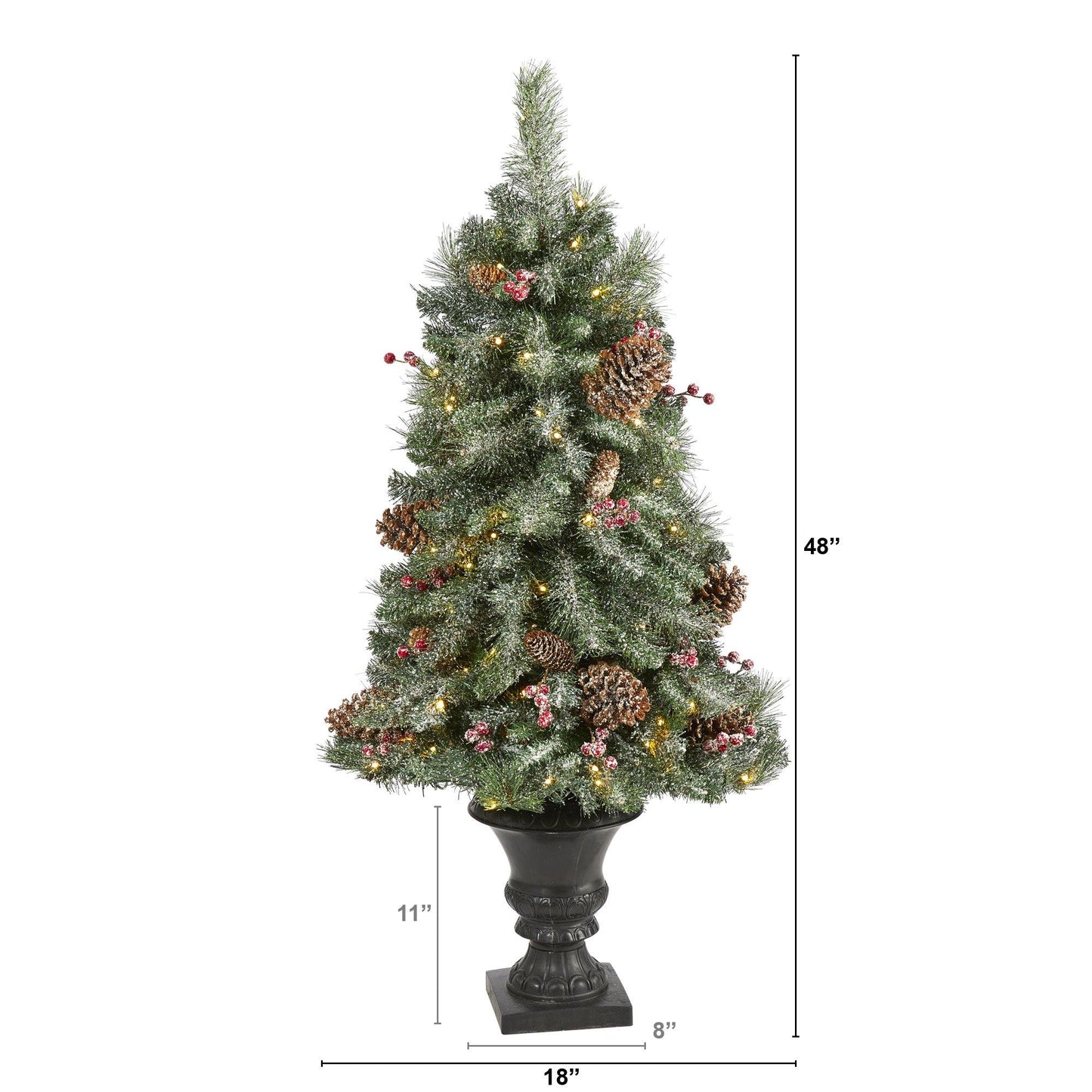 Árbol de Navidad artificial de 4 pies con pino esmerilado, piñas y bayas con 100 luces LED transparentes en urna decorativa