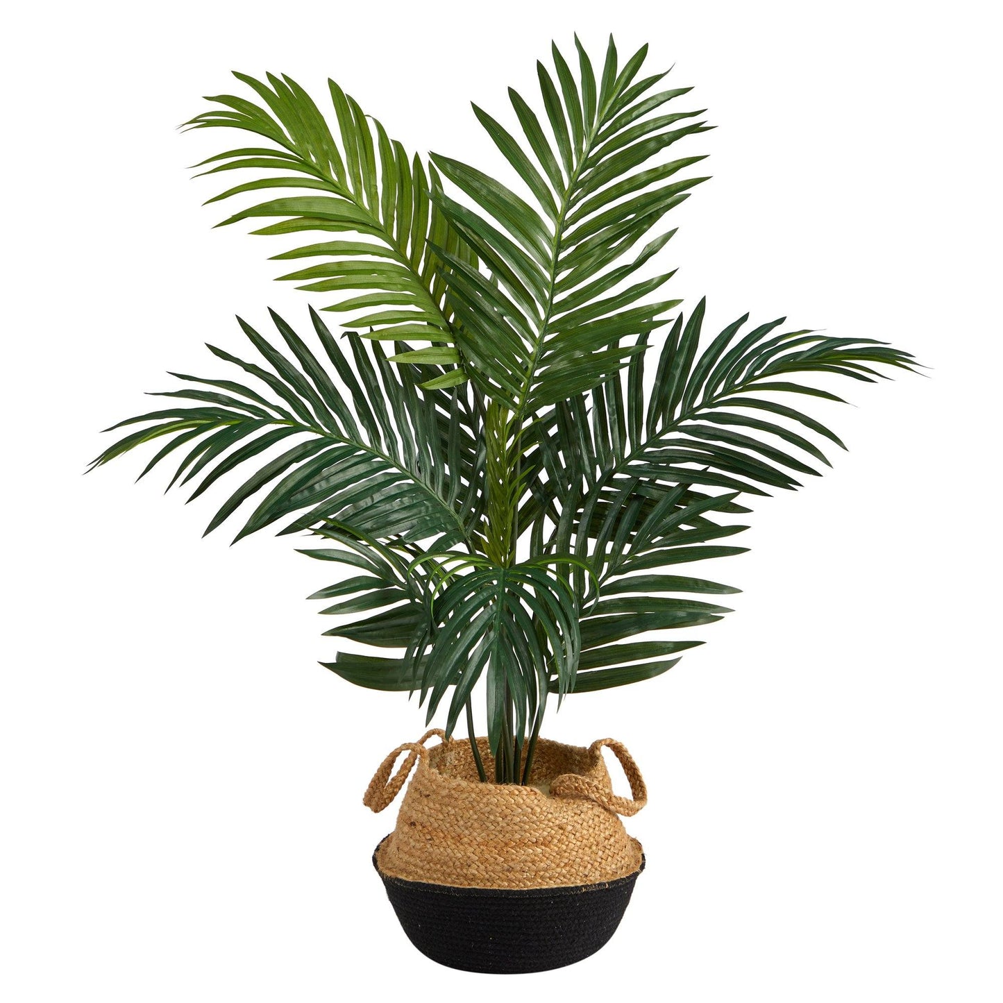 Palmera Kentia artificial de 4 pies en macetero tejido de algodón y yute negro hecho a mano con estilo bohemio