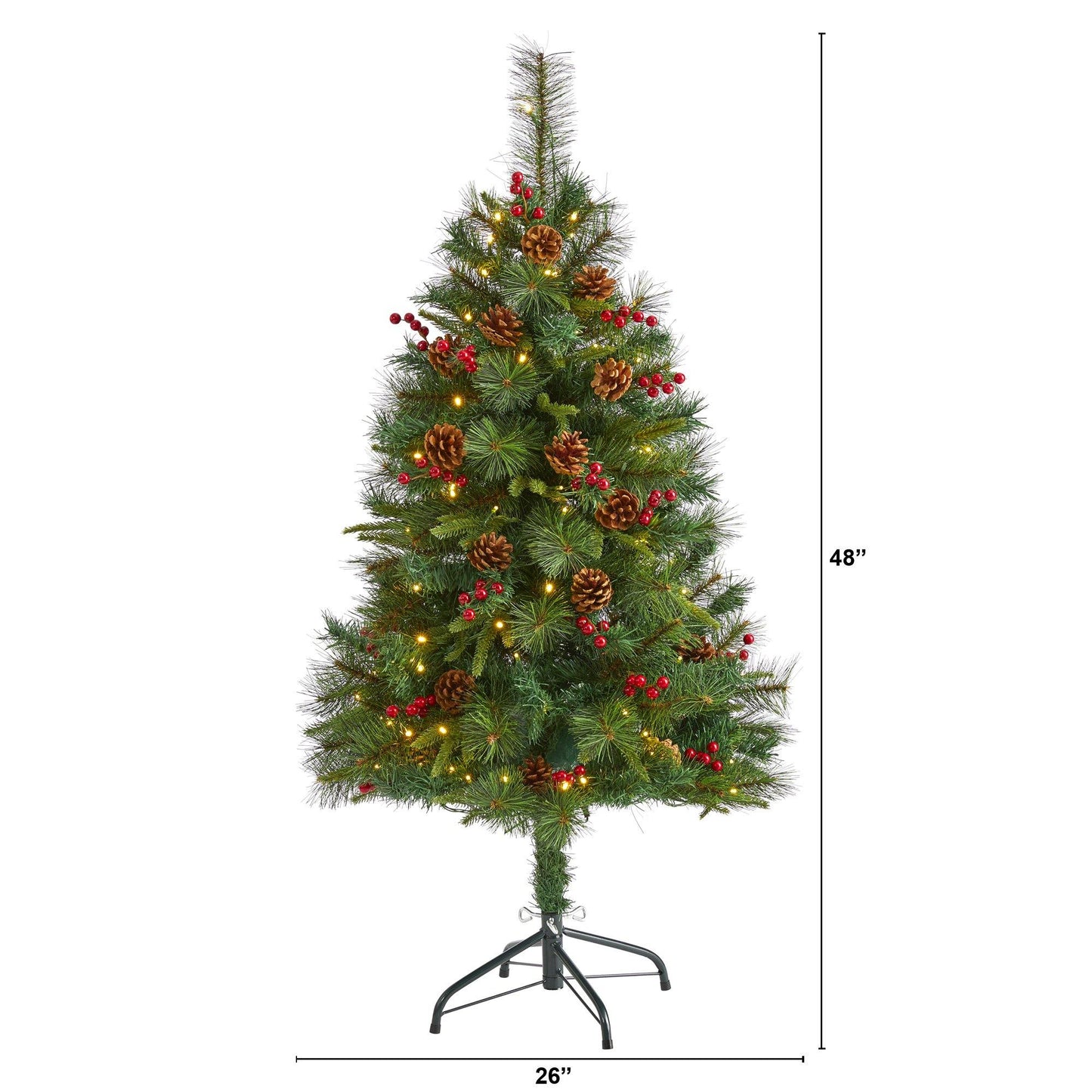 Sapin de Noël artificiel en pin mélangé de 4 pi avec 100 lumières LED transparentes, pommes de pin et baies