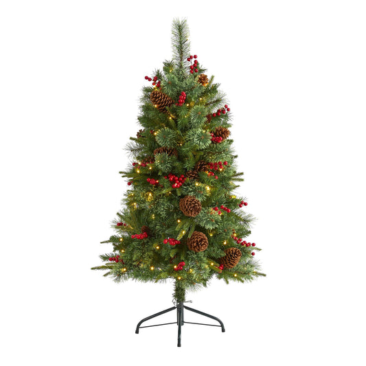 Árbol de Navidad artificial de pino noruego mixto de 4 pies con 150 luces LED transparentes, piñas y bayas