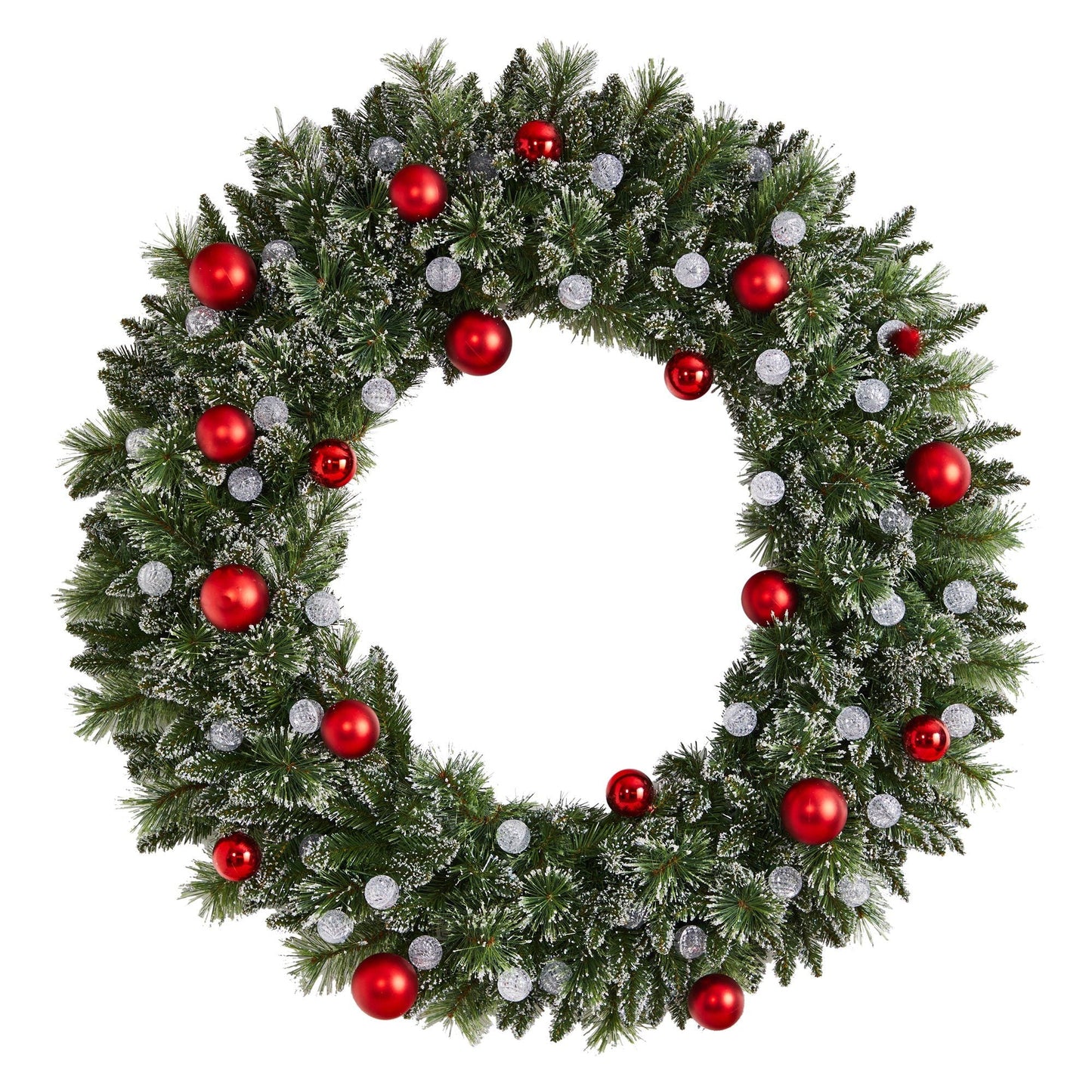 4' Oversized Pre-Lit Frosted Holiday Christmas Wreath with Ornaments and 40 LED Globe Lights