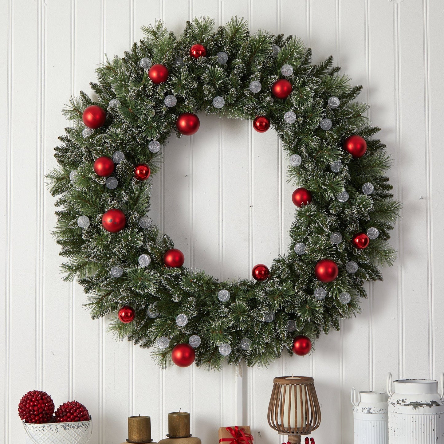 4' Oversized Pre-Lit Frosted Holiday Christmas Wreath with Ornaments and 40 LED Globe Lights