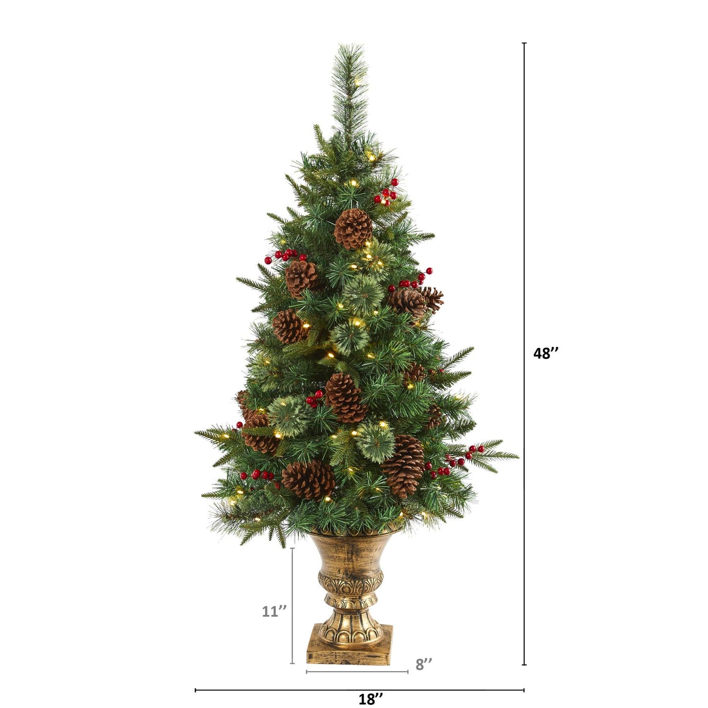 Sapin de Noël artificiel de 4 pi, pommes de pin et baies dans une urne décorative