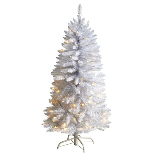 Árbol de Navidad artificial blanco delgado de 4 pies con 100 luces LED blancas cálidas y 293 ramas flexibles