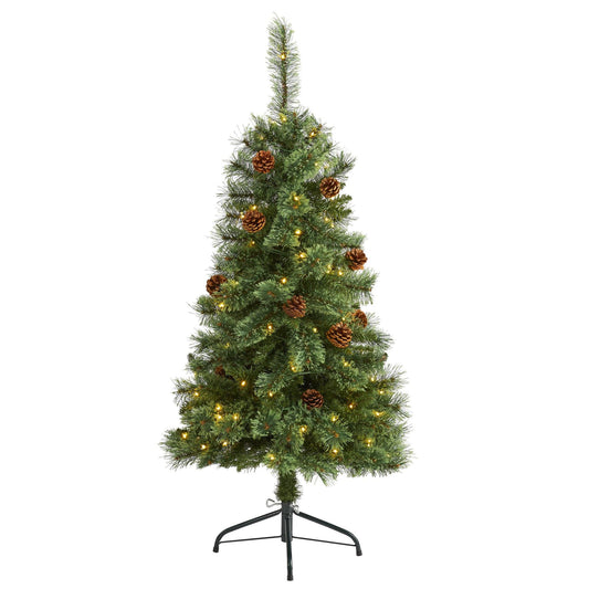 Árbol de Navidad artificial de pino de montaña blanco de 4 pies con 100 luces LED transparentes y piñas