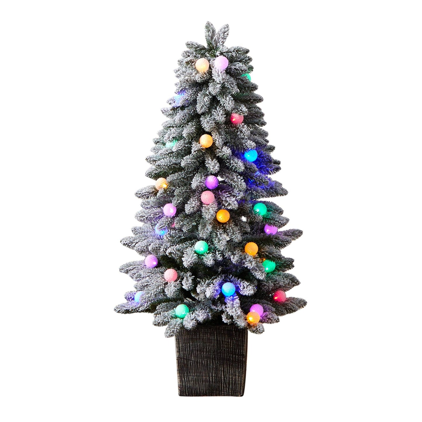 4' Winter Flocked Pre-Lit Tree with 40 LED Globe Lights, 259 Branches in Decorative Planter