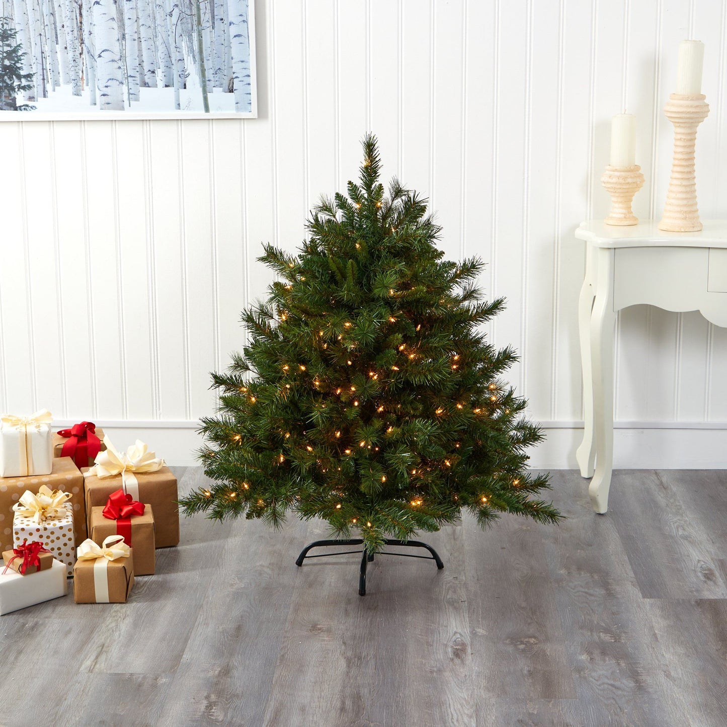 Árbol de Navidad artificial de pino mixto Wyoming de 4 pies con 250 luces transparentes y 462 ramas flexibles