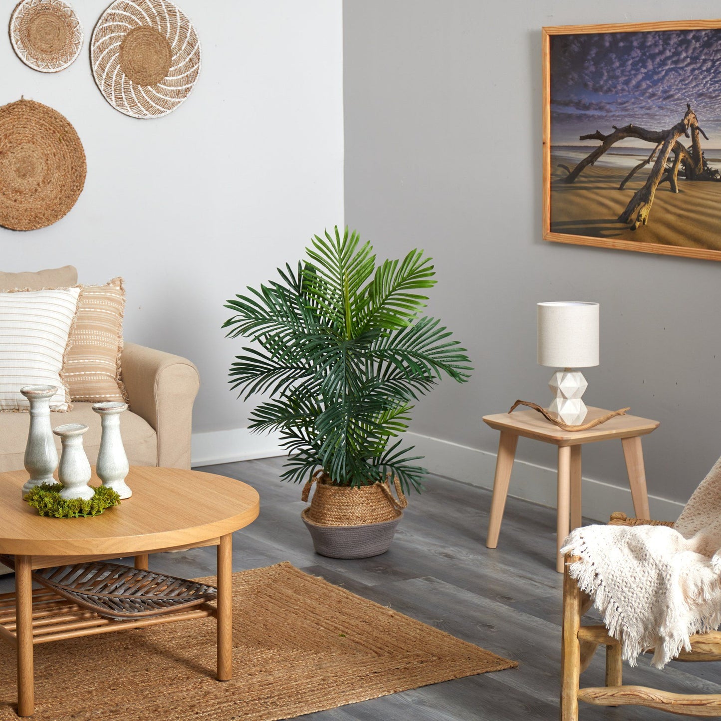 Palmier Areca de 40 po en coton et jute tissés à la main de style bohème chic, jardinière grise résistante aux UV