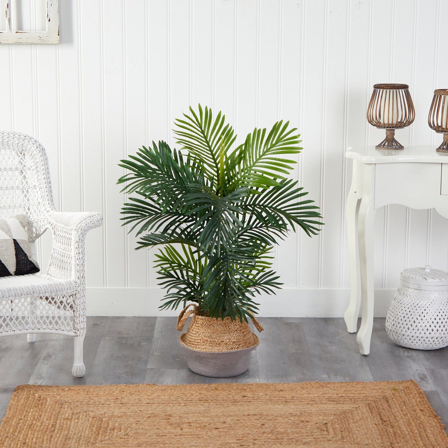 Palmier Areca de 40 po en coton et jute tissés à la main de style bohème chic, jardinière grise résistante aux UV