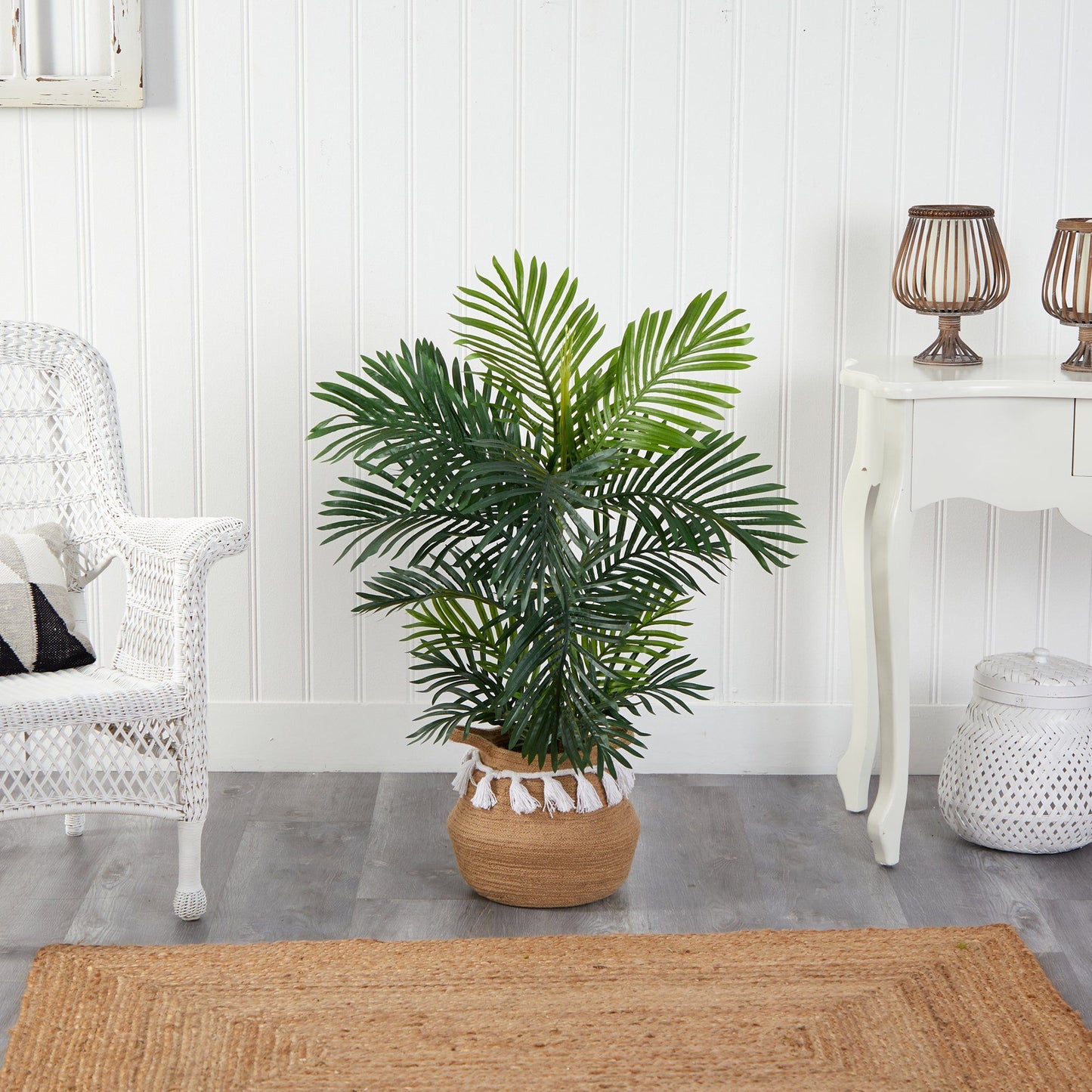 Palmera areca de 40" en macetero tejido de algodón natural hecho a mano con borlas y estilo boho chic, resistente a los rayos UV