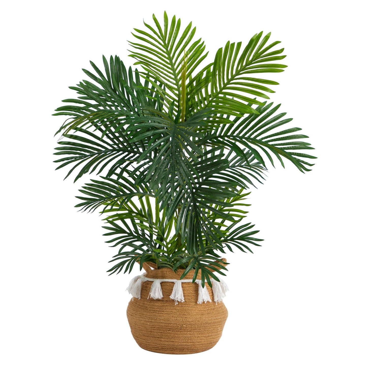 Palmera areca de 40" en macetero tejido de algodón natural hecho a mano con borlas y estilo boho chic, resistente a los rayos UV