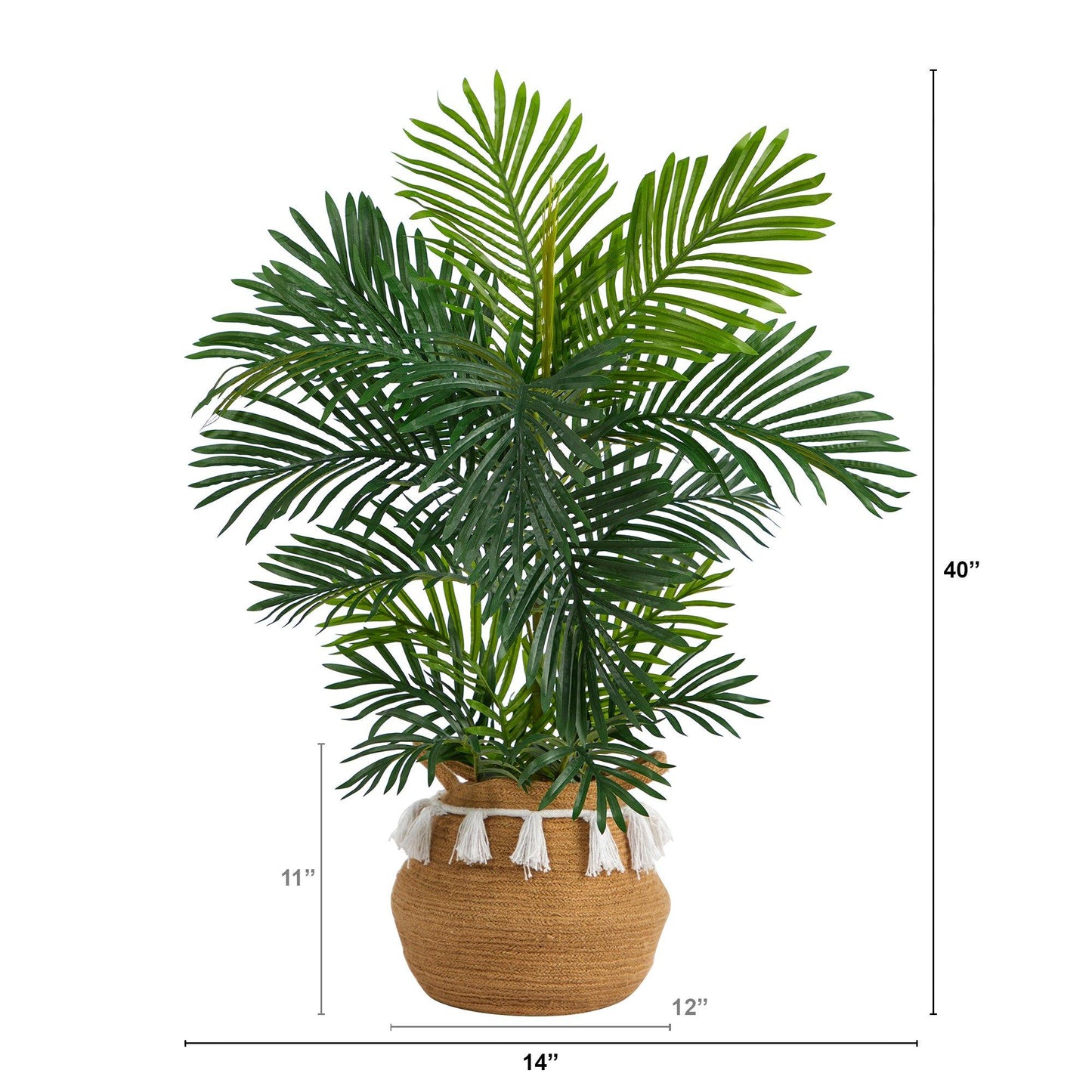 Palmera areca de 40" en macetero tejido de algodón natural hecho a mano con borlas y estilo boho chic, resistente a los rayos UV