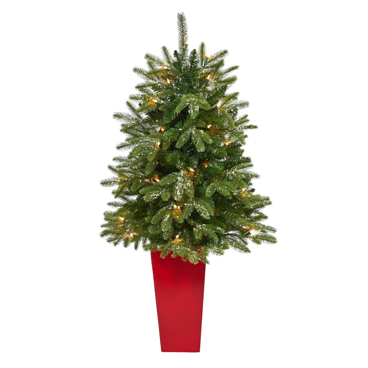 Árbol de Navidad artificial de abeto Grand Teton nevado de 44" con 50 luces transparentes y 111 ramas flexibles en maceta roja