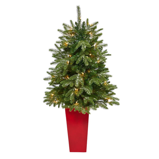 Árbol de Navidad artificial de abeto Grand Teton nevado de 44" con 50 luces transparentes y 111 ramas flexibles en maceta roja