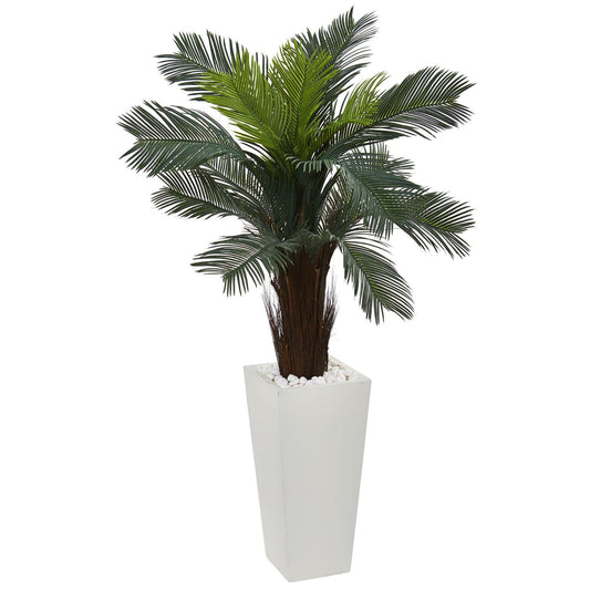 Planta artificial Cycas de 4,5 pies en maceta tipo torre blanca para interior y exterior