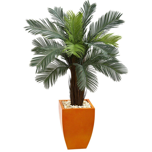 Arbre artificiel Cycas de 4,5 pi dans une jardinière orange (intérieur/extérieur)