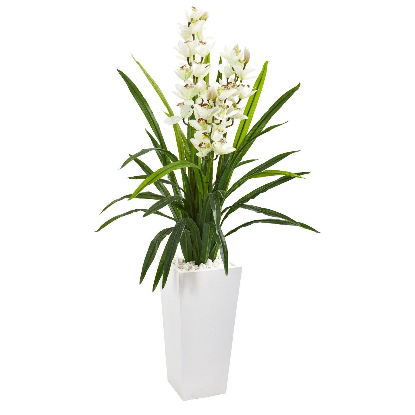 Orchidée Cymbidium artificielle de 4,5 pi dans une jardinière blanche