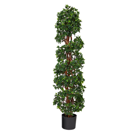 Árbol topiario artificial en espiral de hiedra inglesa de 4,5 pies con tronco natural resistente a los rayos UV (interior/exterior)