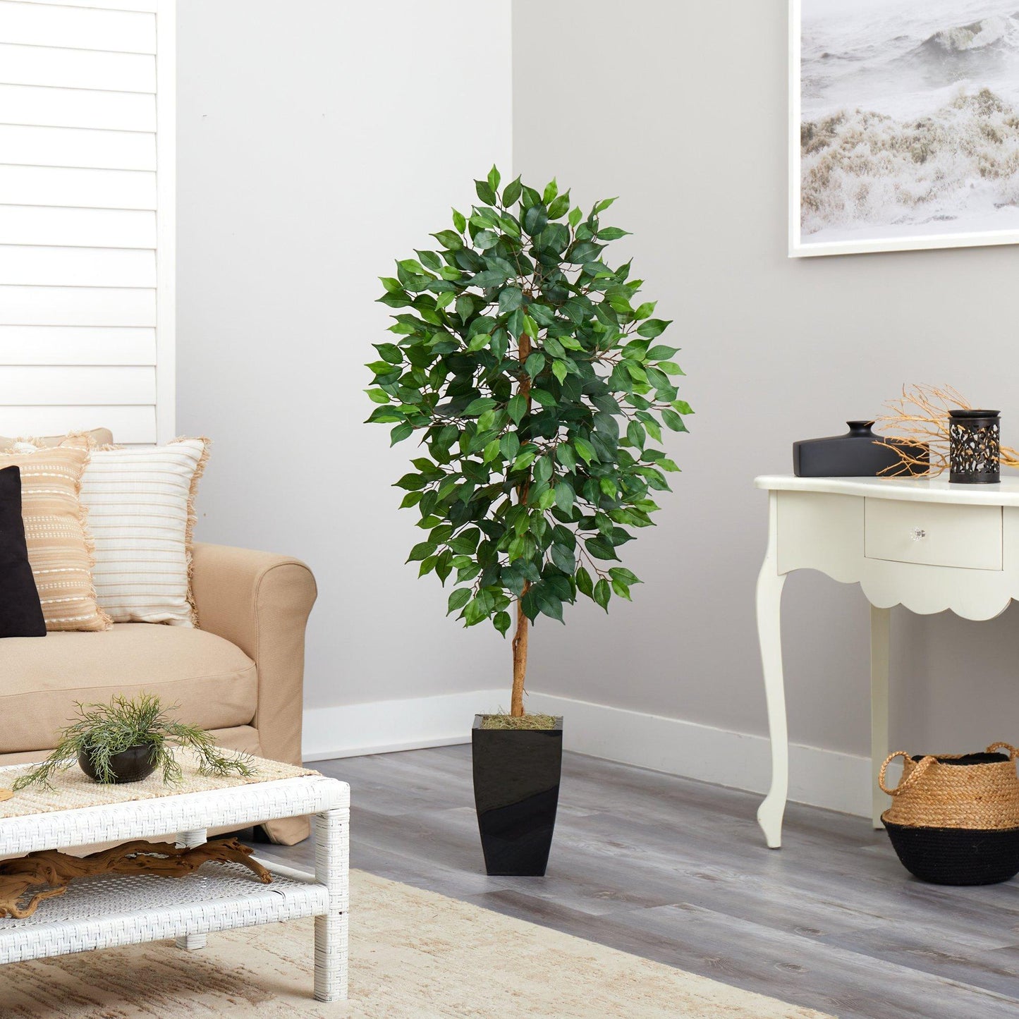 Árbol ficus artificial de 4,5 pies en macetero de metal negro