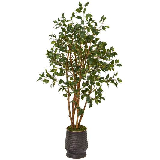 Árbol ficus artificial de 4,5 pies en macetero de metal acanalado