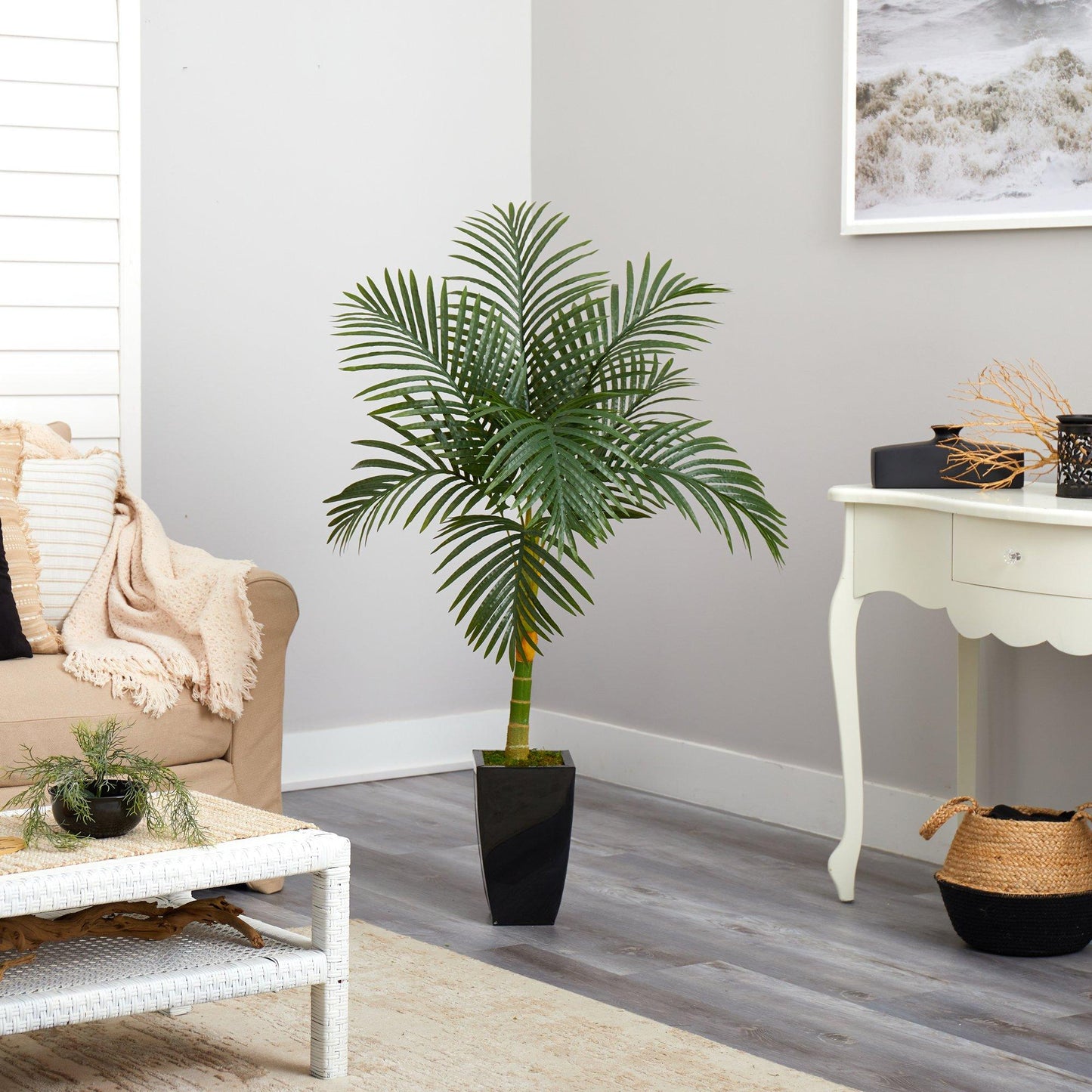 4.5’ Golden Cane Artificial Palm Tree in Black Metal Planter