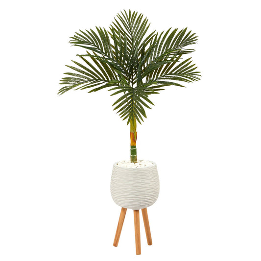 Palmera artificial de caña dorada de 4,5 pies en maceta blanca con soporte