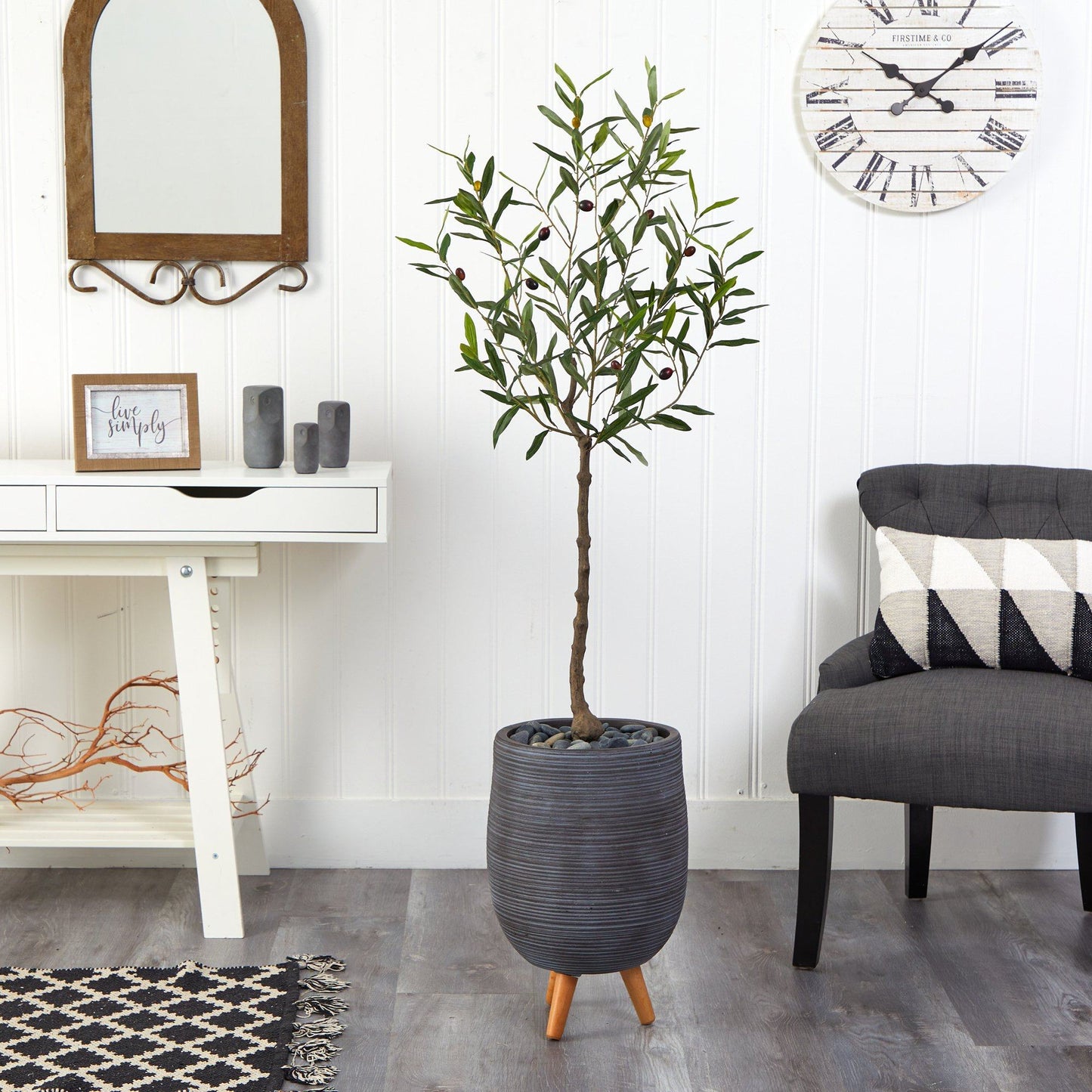 4.5’ Artificial Olive Tree in Gray Planter with Stand