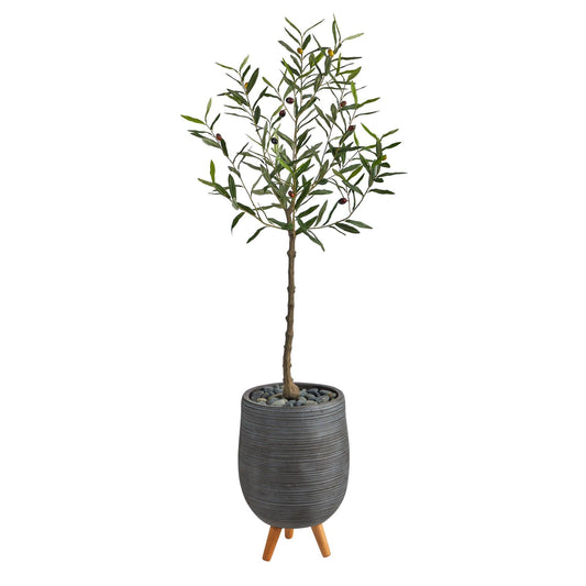 4.5’ Artificial Olive Tree in Gray Planter with Stand