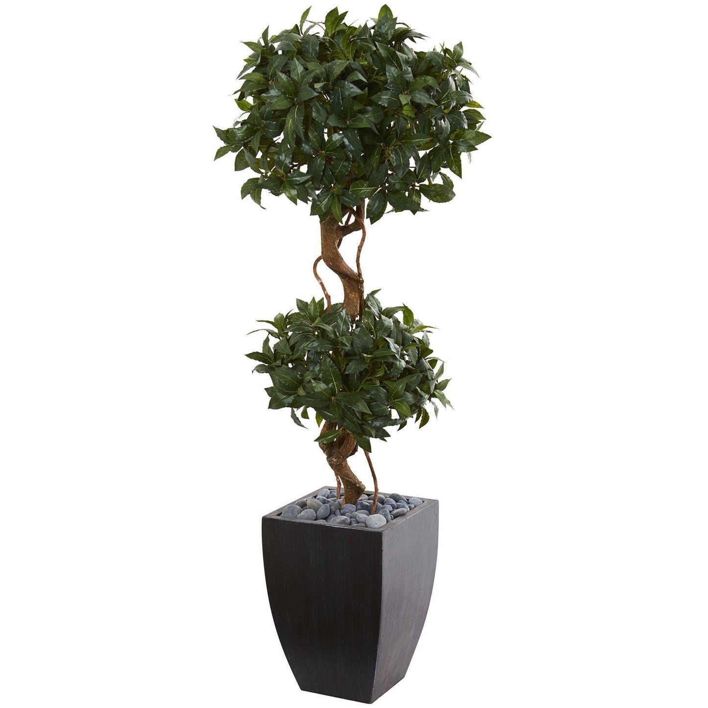 Árbol topiario artificial doble Sweet Bay de 4,5 pies en maceta con lavado negro