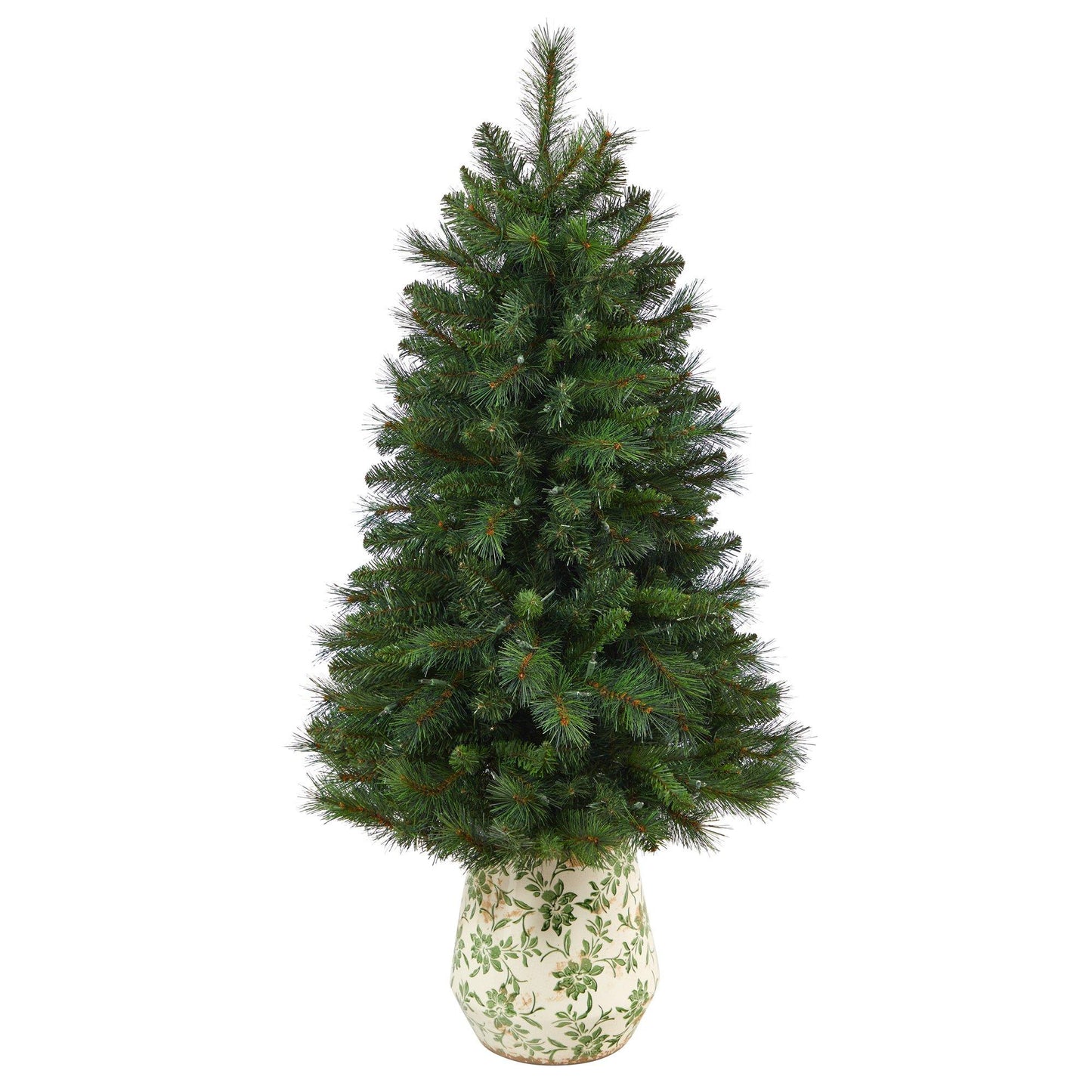 Árbol de Navidad artificial de pino de montaña de Virginia Occidental de 4,5 pies con 100 luces transparentes y 322 ramas flexibles en maceta con estampado floral