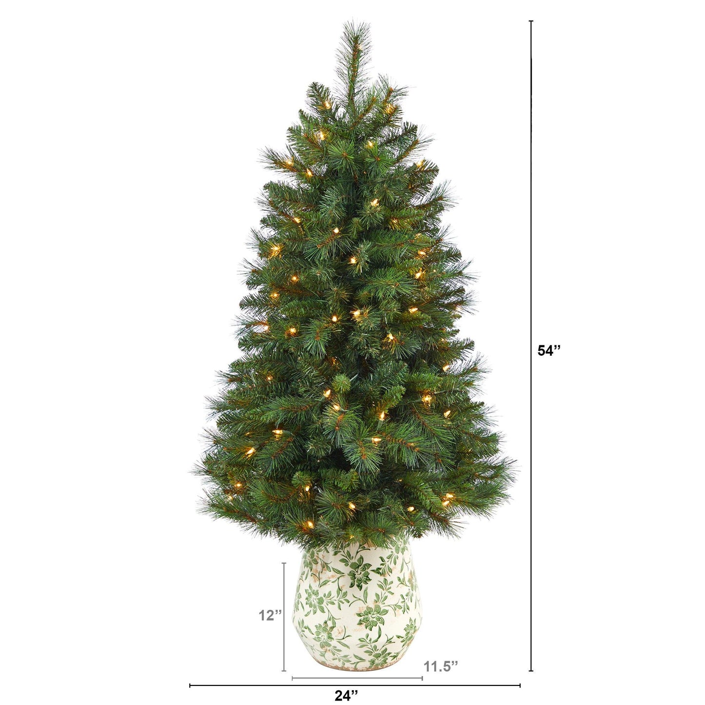 Árbol de Navidad artificial de pino de montaña de Virginia Occidental de 4,5 pies con 100 luces transparentes y 322 ramas flexibles en maceta con estampado floral