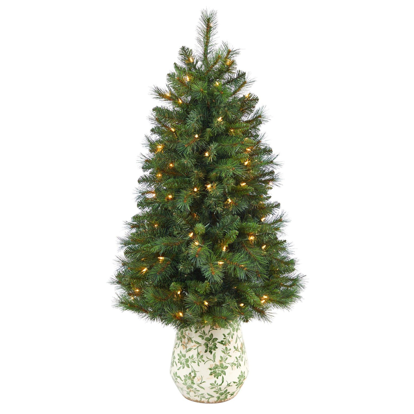 Árbol de Navidad artificial de pino de montaña de Virginia Occidental de 4,5 pies con 100 luces transparentes y 322 ramas flexibles en maceta con estampado floral