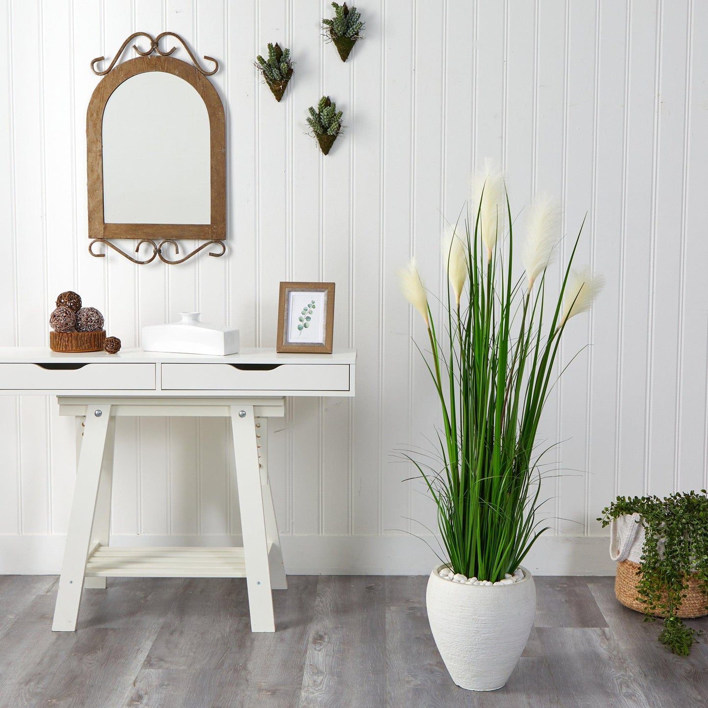 4.5’ Wheat Plum Grass Artificial Plant in White Planter