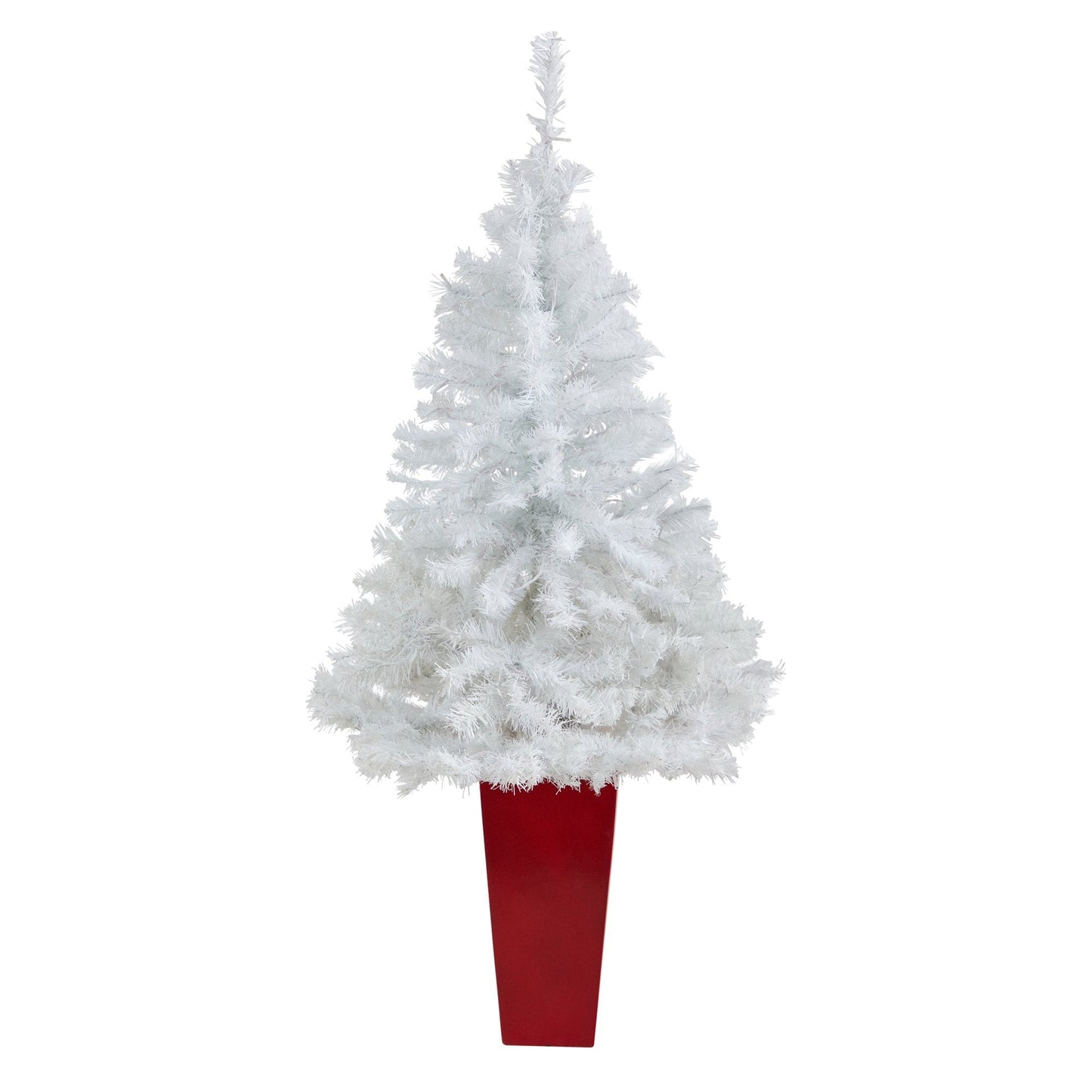 Árbol de Navidad artificial blanco de 4,5 pies con 100 luces LED transparentes en maceta roja