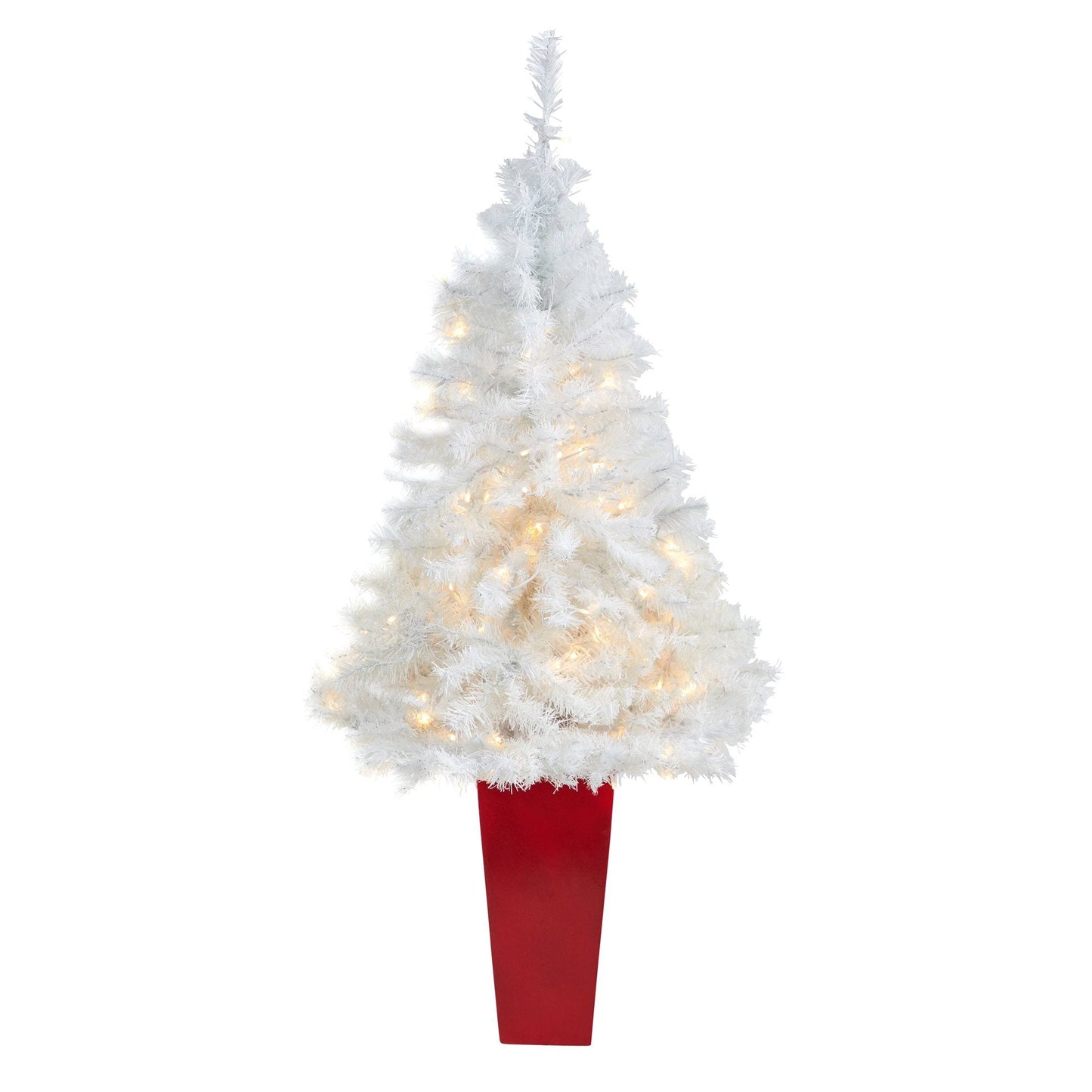 Árbol de Navidad artificial blanco de 4,5 pies con 100 luces LED transparentes en maceta roja