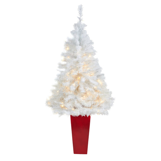 Árbol de Navidad artificial blanco de 4,5 pies con 100 luces LED transparentes en maceta roja