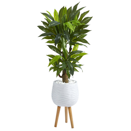 Planta artificial Dracaena de tallo de maíz de 46" en maceta blanca con soporte (tacto real)