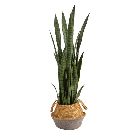 46” Sansevieria Artificial Plant in Boho Chic Handmade Cotton & Jute Gray Woven Planter