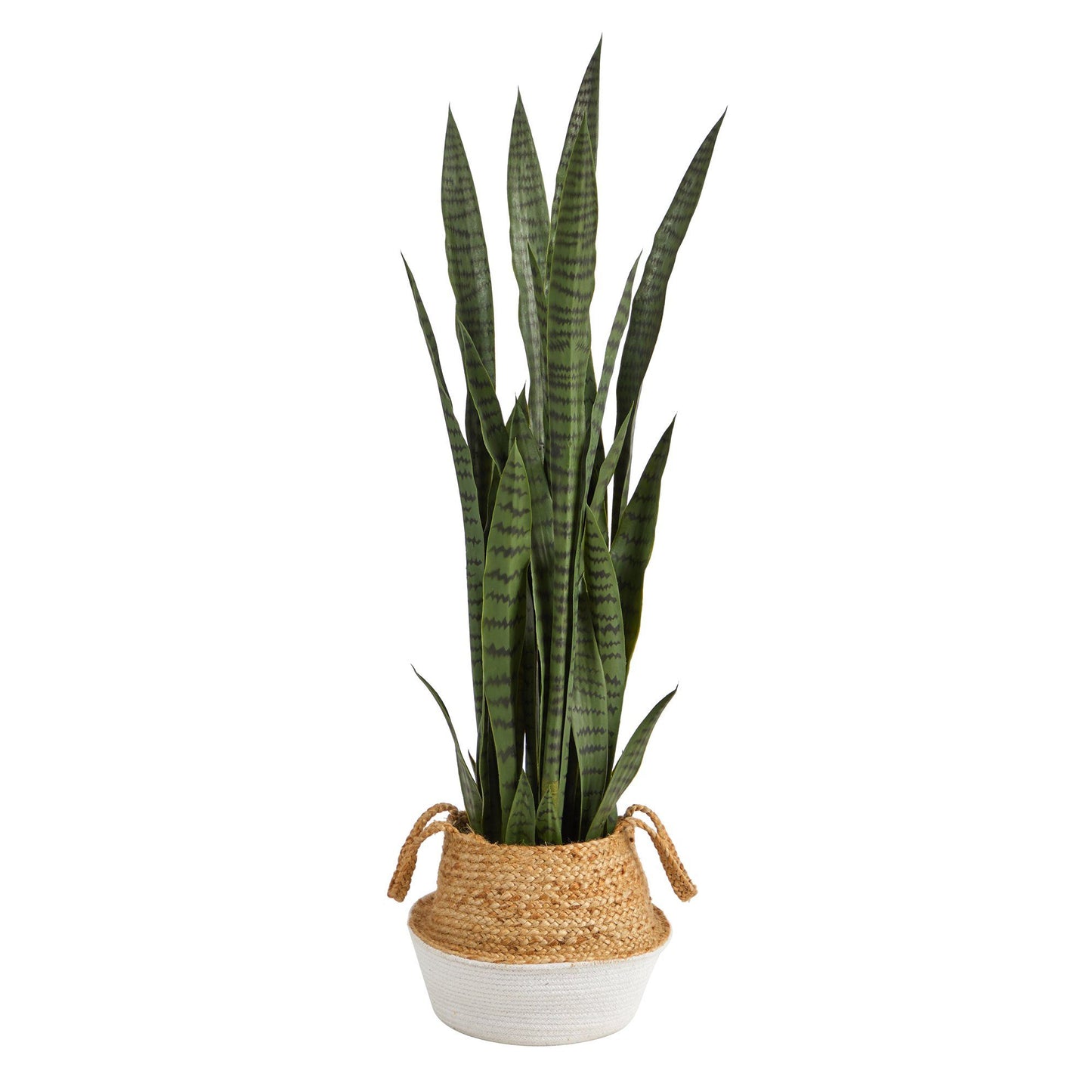 Planta artificial Sansevieria de 46" en macetero tejido de algodón y yute blanco hecho a mano con estilo bohemio