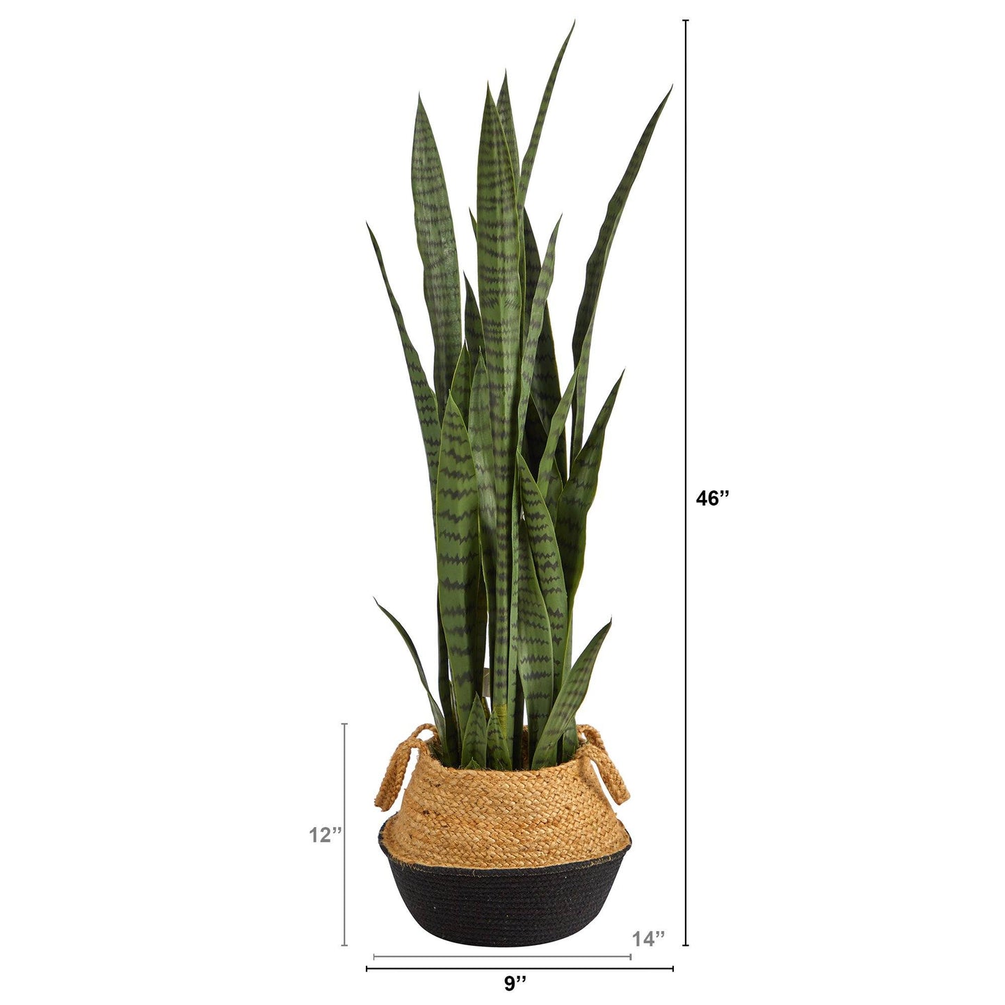 Planta de Sansevieria de 46” en macetero tejido de algodón y yute negro