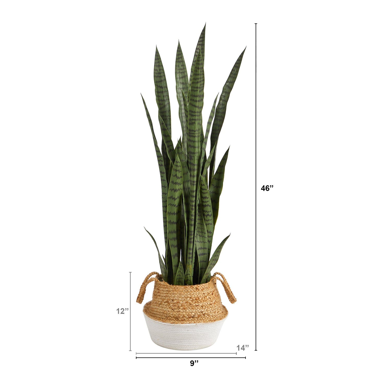 Planta artificial Sansevieria de 46" en macetero tejido de algodón y yute blanco hecho a mano con estilo bohemio