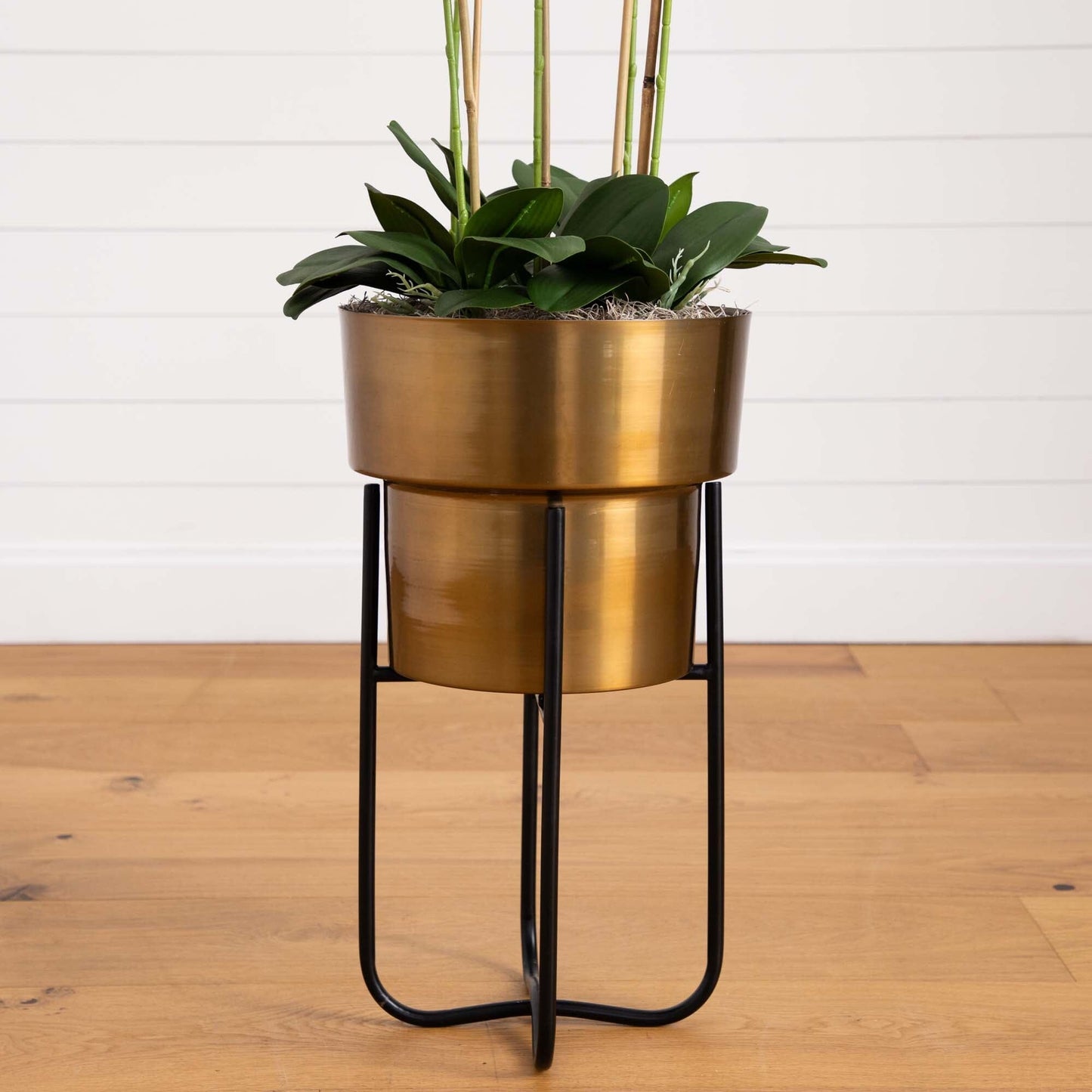 48” Artificial Orchid Arrangement in Brass Metal Planter with Stand