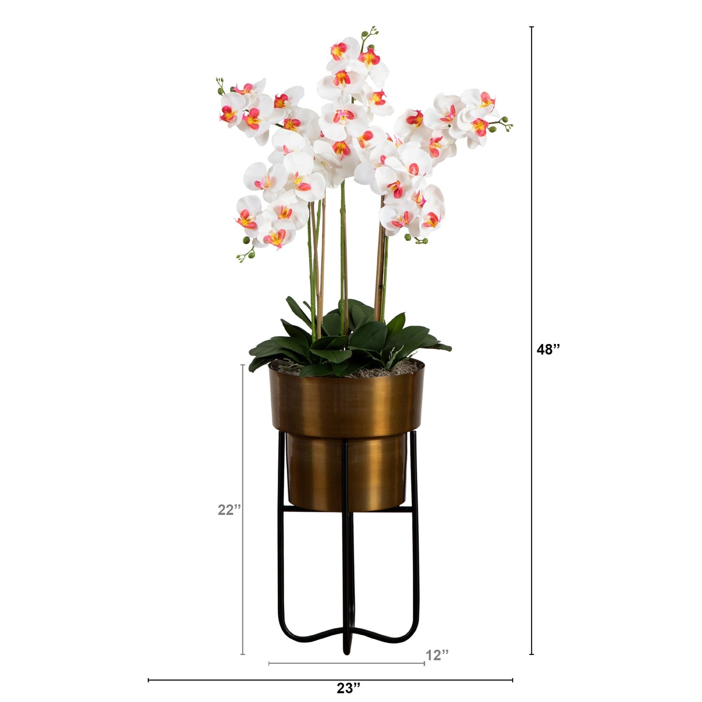 48” Artificial Orchid Arrangement in Brass Metal Planter with Stand