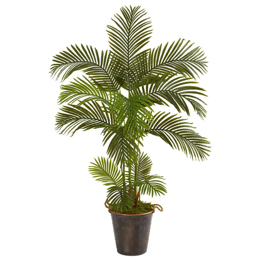 Palmera artificial de areca de 5 pies en balde de metal decorativo con cuerda