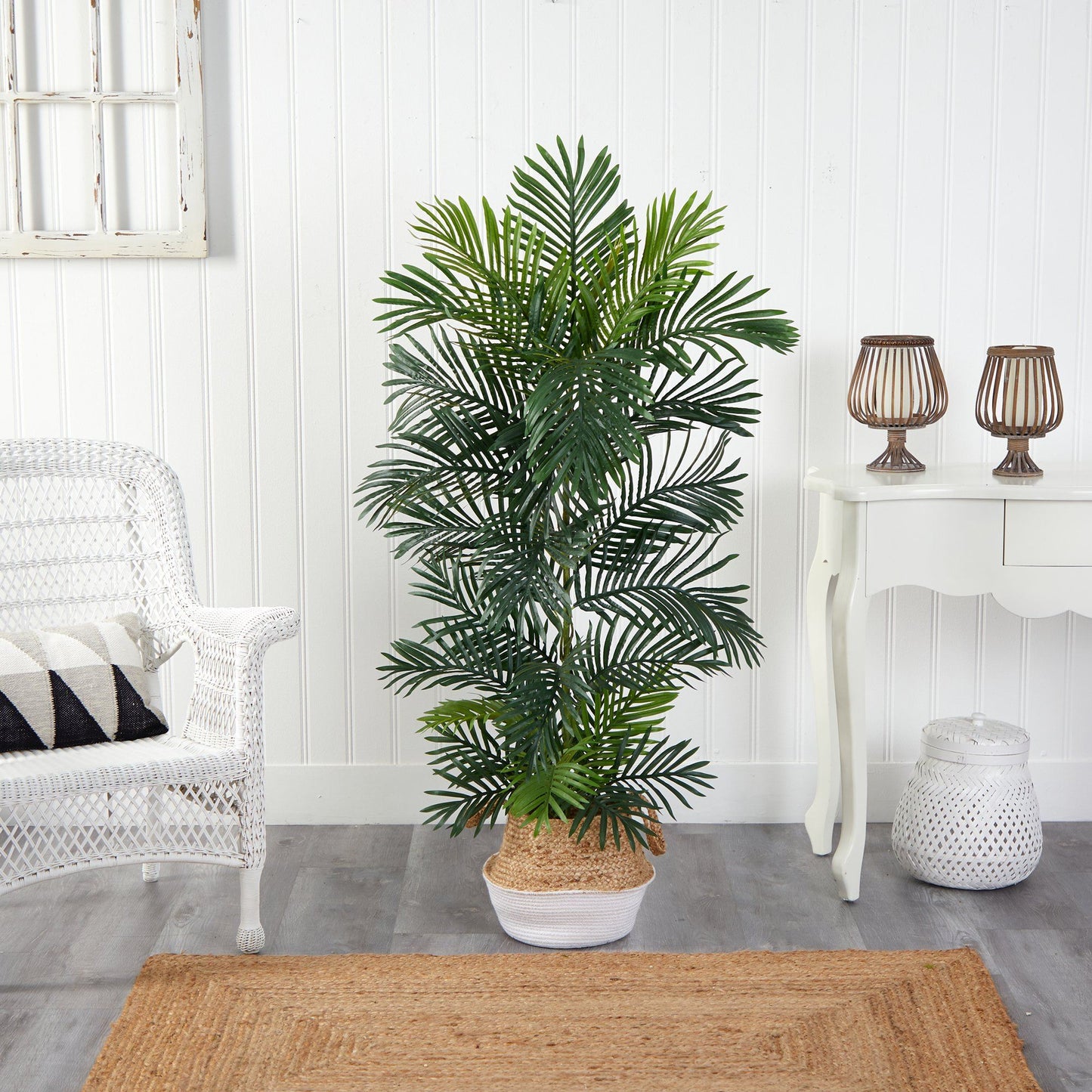 5’ Areca Palm Tree in Boho Chic Handmade Cotton & Jute White Woven Planter UV Resistant